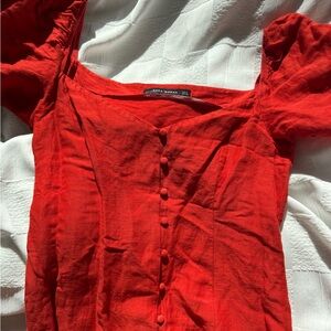 Zara Red Linen Button Up Dress